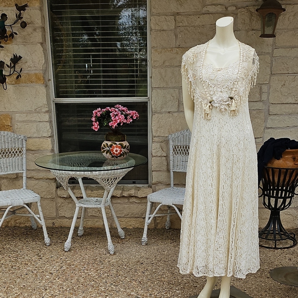 Vtg Margot Lea L.A. Ivory Lace Maxi Thin Strap Dress Beaded Fringe Collar XS
